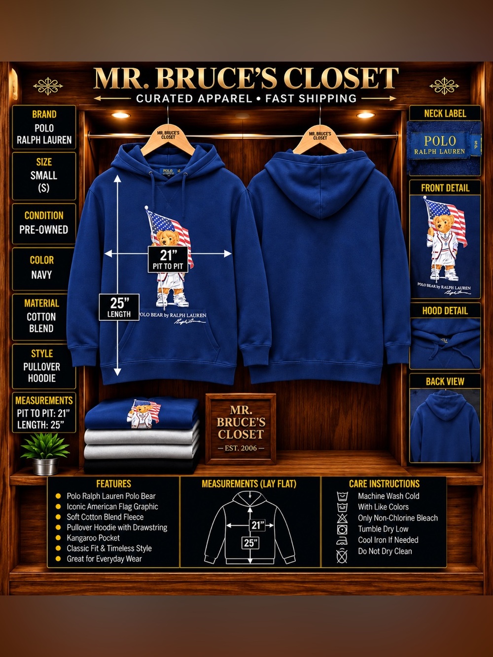 Polo Ralph Lauren Polo Bear American Flag Hoodie Navy Men’s Small Pullover